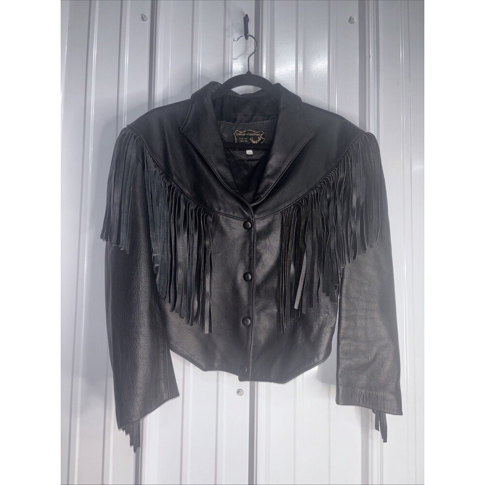 Vintage Ladies Genuine Leather Fringed Black Biker Jacket Size Small